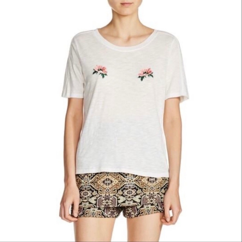 Maje White Slub Cotton Floral Embroidered T-Shirt Size S